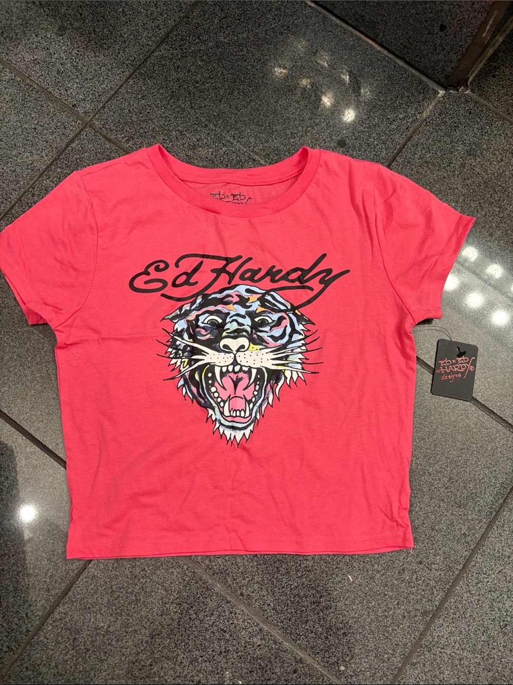 Ed Hardy Pink Short Sleeve Tee with Multicolor Tiger Graphic